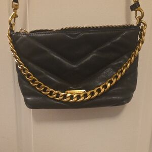 Black Quilted Leather Bag with Gold Chain